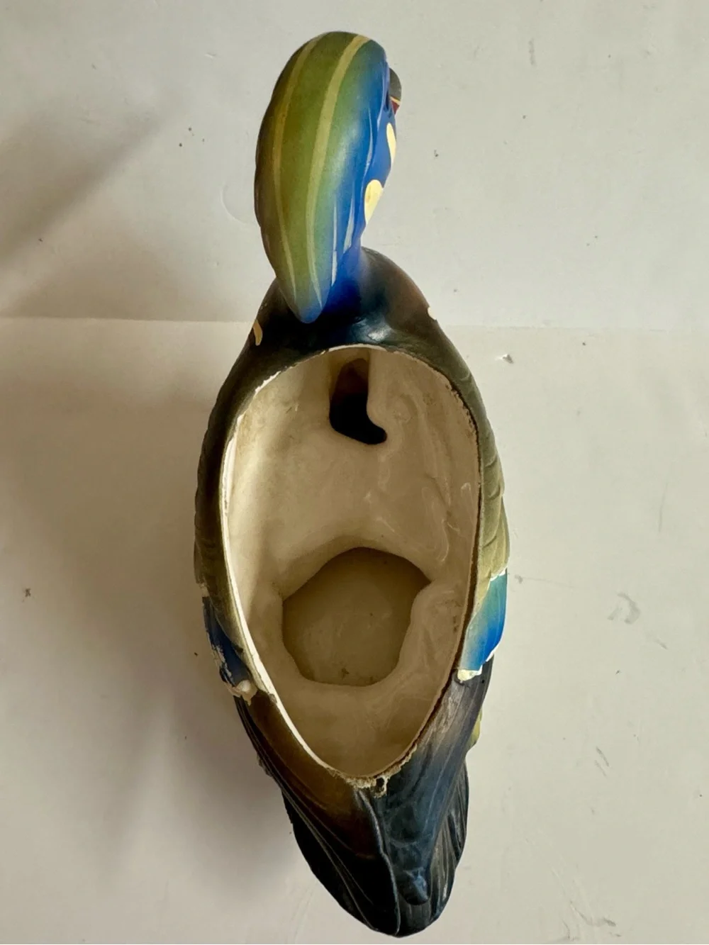 Vintage 60s Inarco Hand-Painted Ceramic Wood Duck Planter in Blue and Green